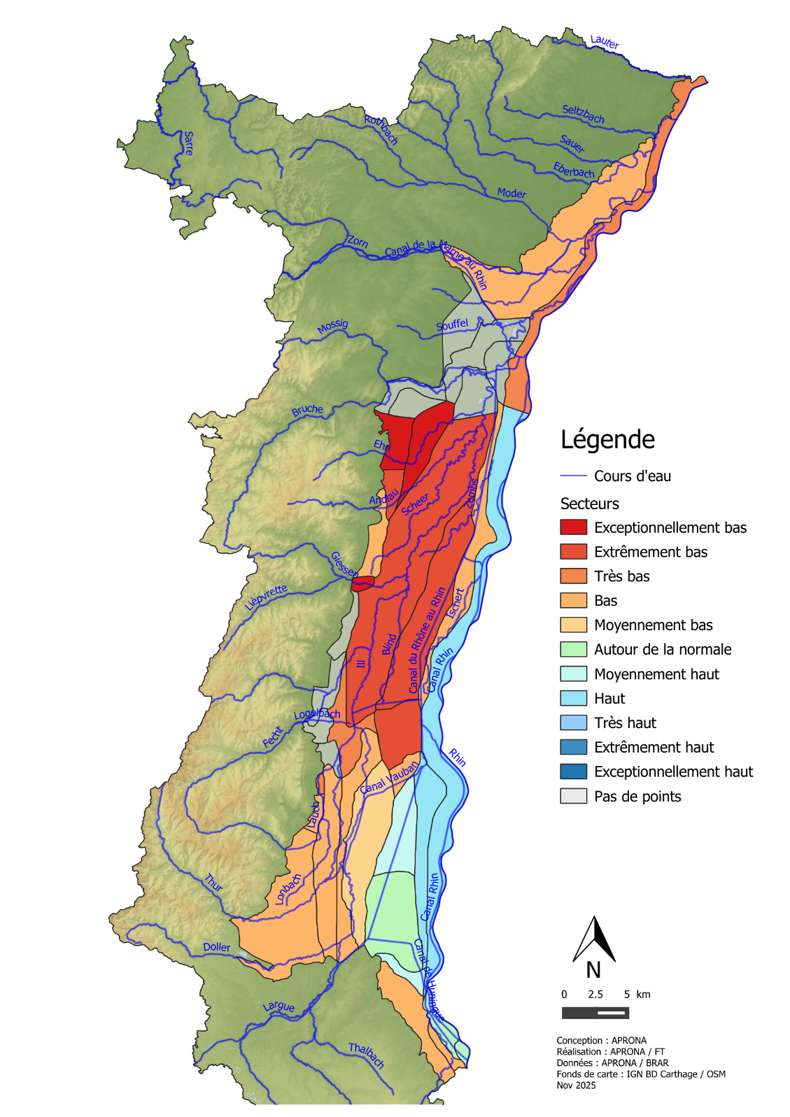 Carte de la nappe d'Alsace montrant les niveaux par secteur