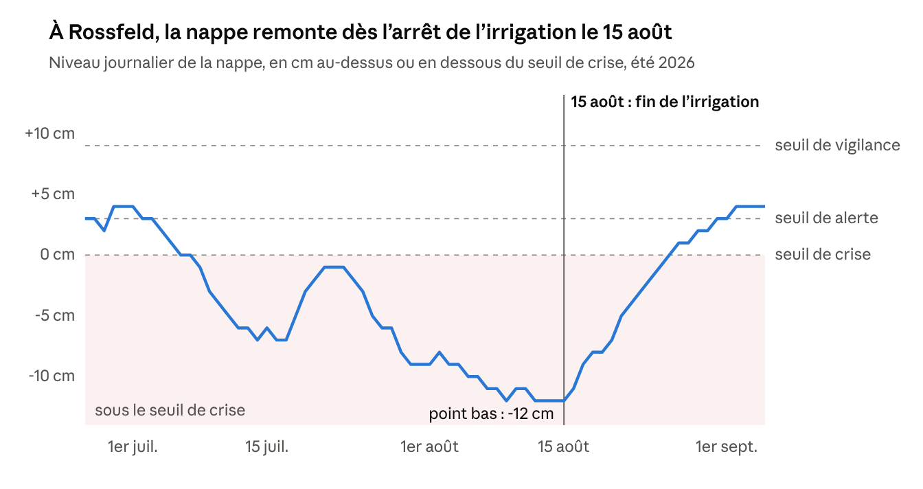 Graphique montrant la baisse du niveau de la nappe sur le point de Rossfeld jusqu'au 15 aout, puis une remont&eacute;e &agrave; partir de cette date